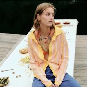 ZARA Jacquard Stripe Collared Cardigan Sweater Pink Yellow {X43}